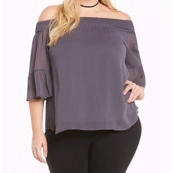 NWT Torrid 4X/26 Plus Size Off-Shoulder Smocked Chiffon Bell Sleeve Top - Picture 4 of 5